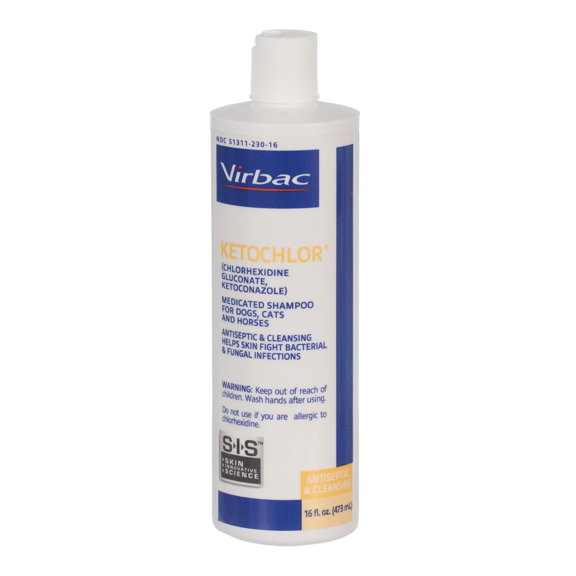 Ketochlor® Shampoo,"White shampoo bottle with ribbed flip-top cap, front label view"