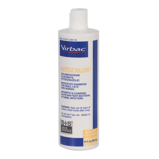 Ketochlor® Shampoo,"White shampoo bottle with ribbed flip-top cap, front label view"