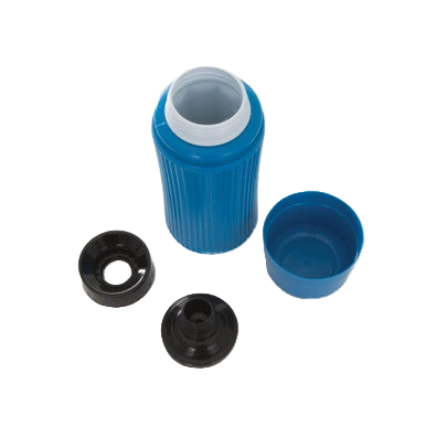 AV Blue Collection Bottle,"Blue bottle with detached cap and two black inserts"