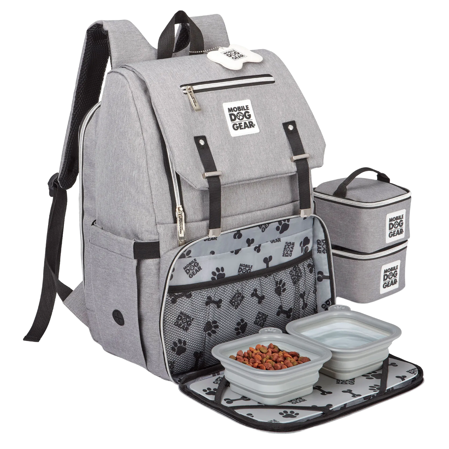 Ultimate Week Away Backpack,"Gray backpack with two storage containers and collapsible pet bowls"