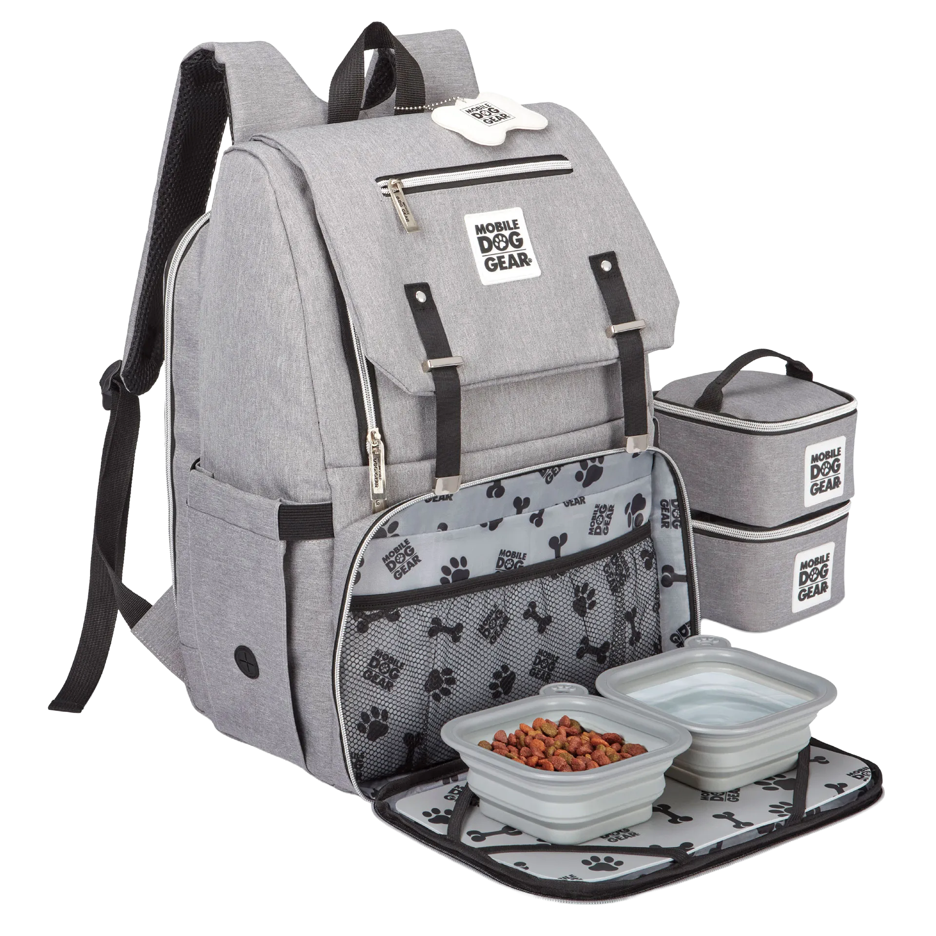 Ultimate Week Away Backpack,"Gray backpack with two storage containers and collapsible pet bowls"