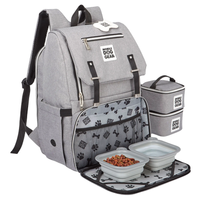 Ultimate Week Away Backpack,"Gray backpack with two storage containers and collapsible pet bowls"
