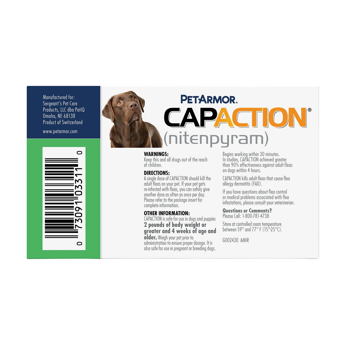 CapAction®,"Back of product box with dog image and barcode"