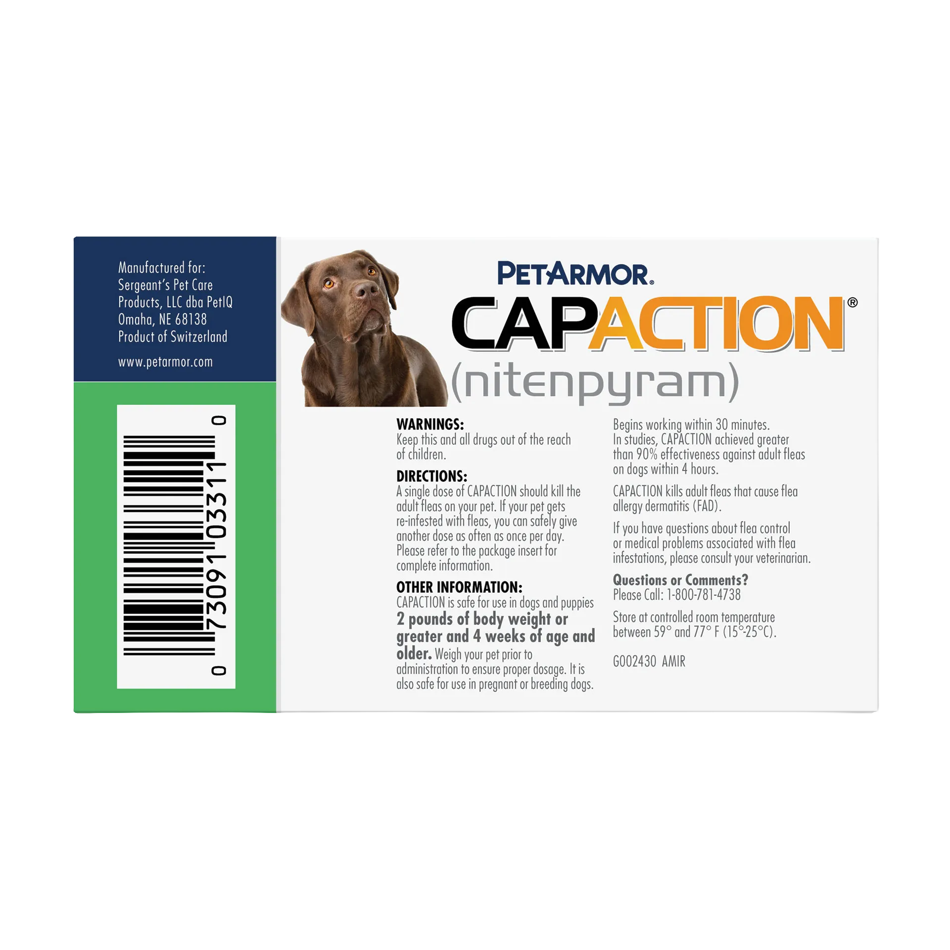 CapAction®,"Back of product box with dog image and barcode"