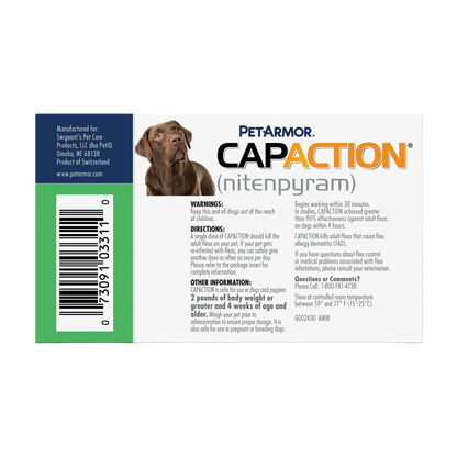 CapAction®,"Back of product box with dog image and barcode"