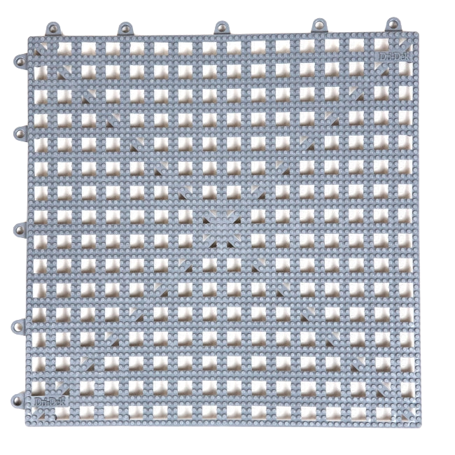 Dri-Dek® Flooring,"Gray interlocking floor tile with square drainage holes"