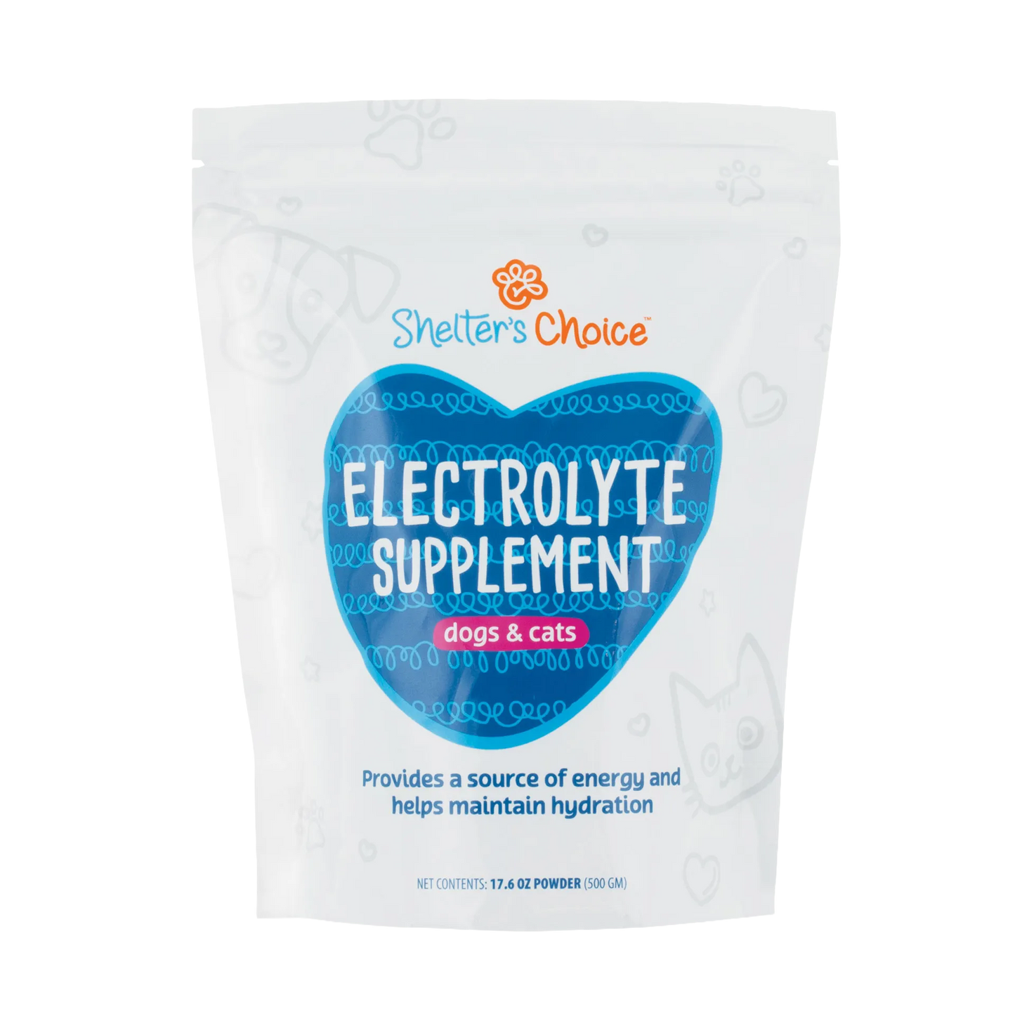 Shelter's Choice™ Electrolyte Supplement,"White stand-up pouch with blue heart-shaped label"