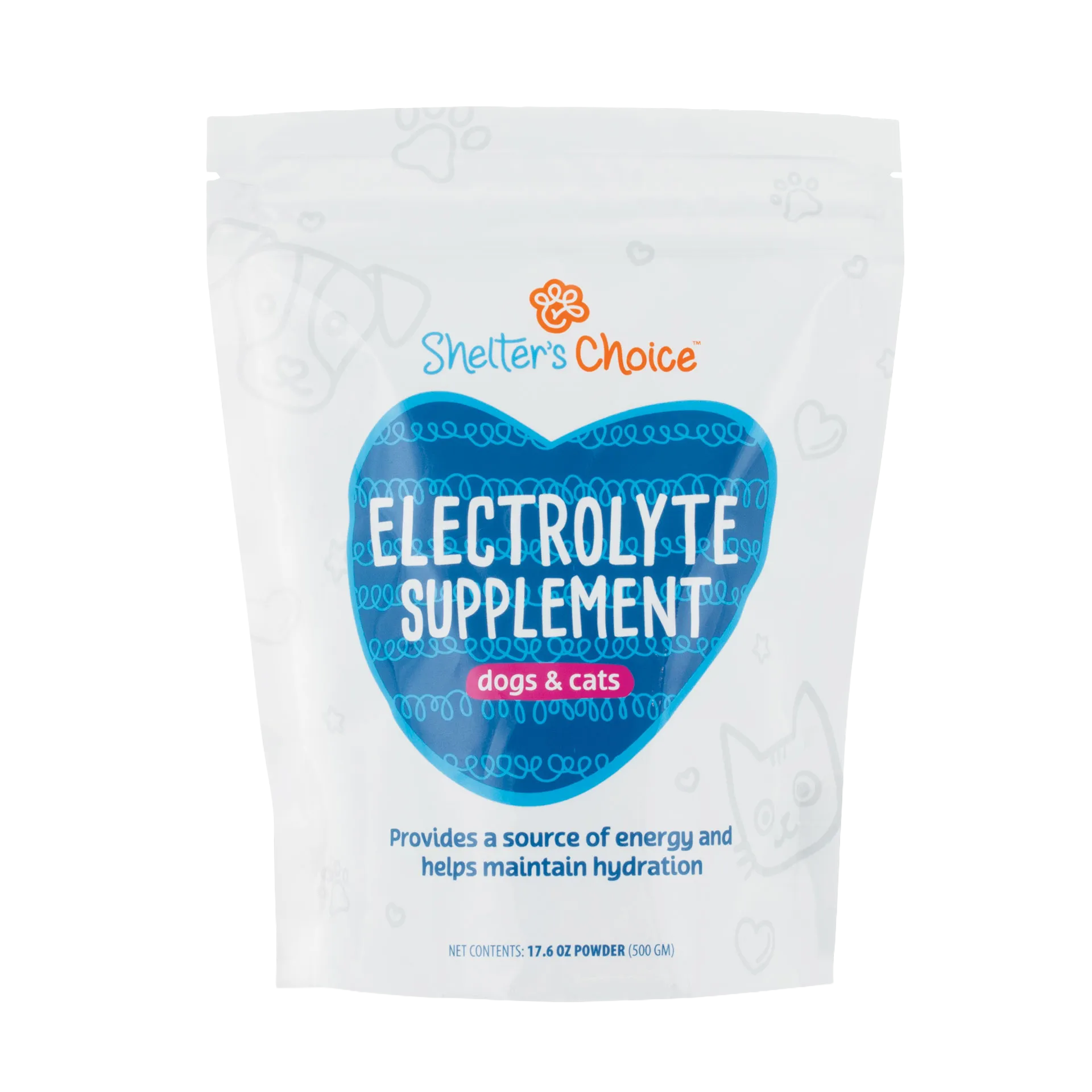 Shelter's Choice™ Electrolyte Supplement,"White stand-up pouch with blue heart-shaped label"