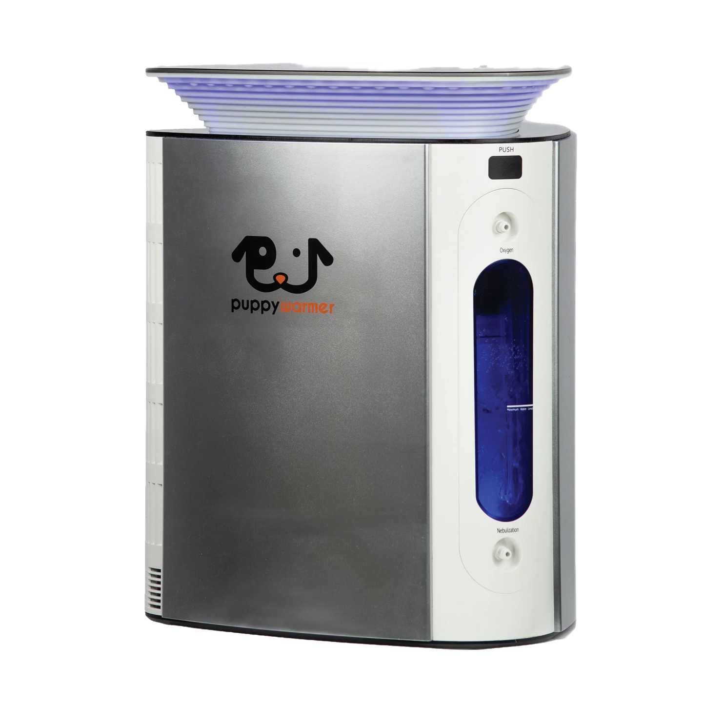 Puppywarmer® Oxygen Concentrator,"Front view of concentrator with blue water chamber and top tray"