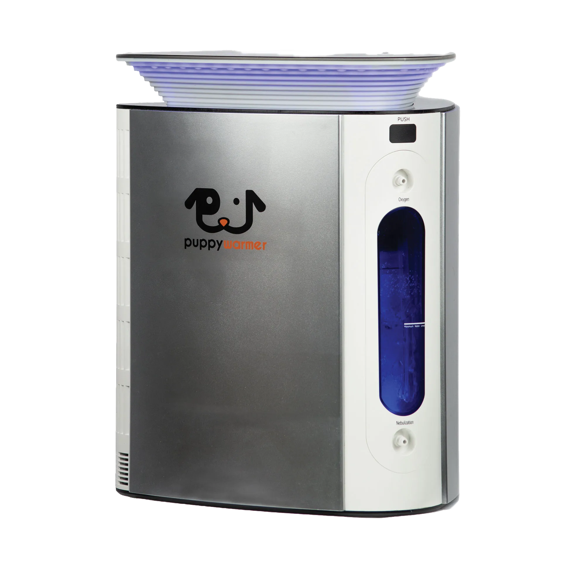 Puppywarmer® Oxygen Concentrator,"Front view of concentrator with blue water chamber and top tray"