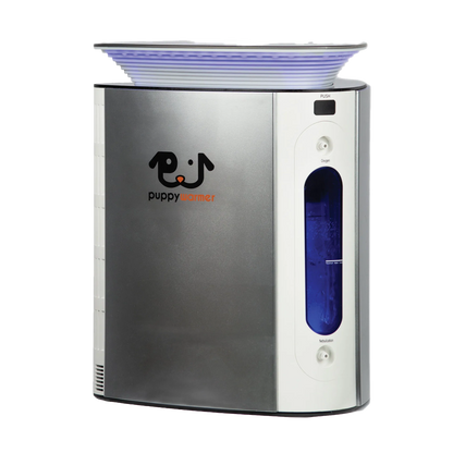 Puppywarmer® Oxygen Concentrator,"Front view of concentrator with blue water chamber and top tray"