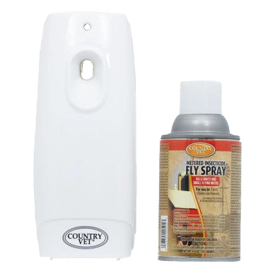 Country Vet Automatic Flying Insect Kill System,"White automatic spray dispenser with aerosol refill can"