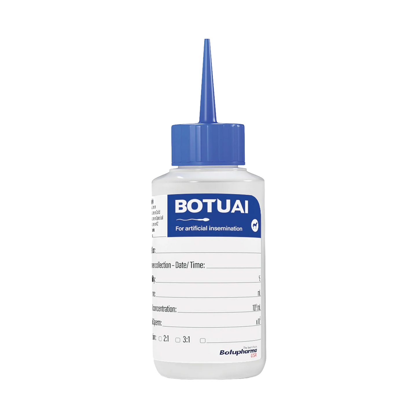 BotuAI Semen Bottle ONLY,"White bottle with blue pointed cap and measurement label"