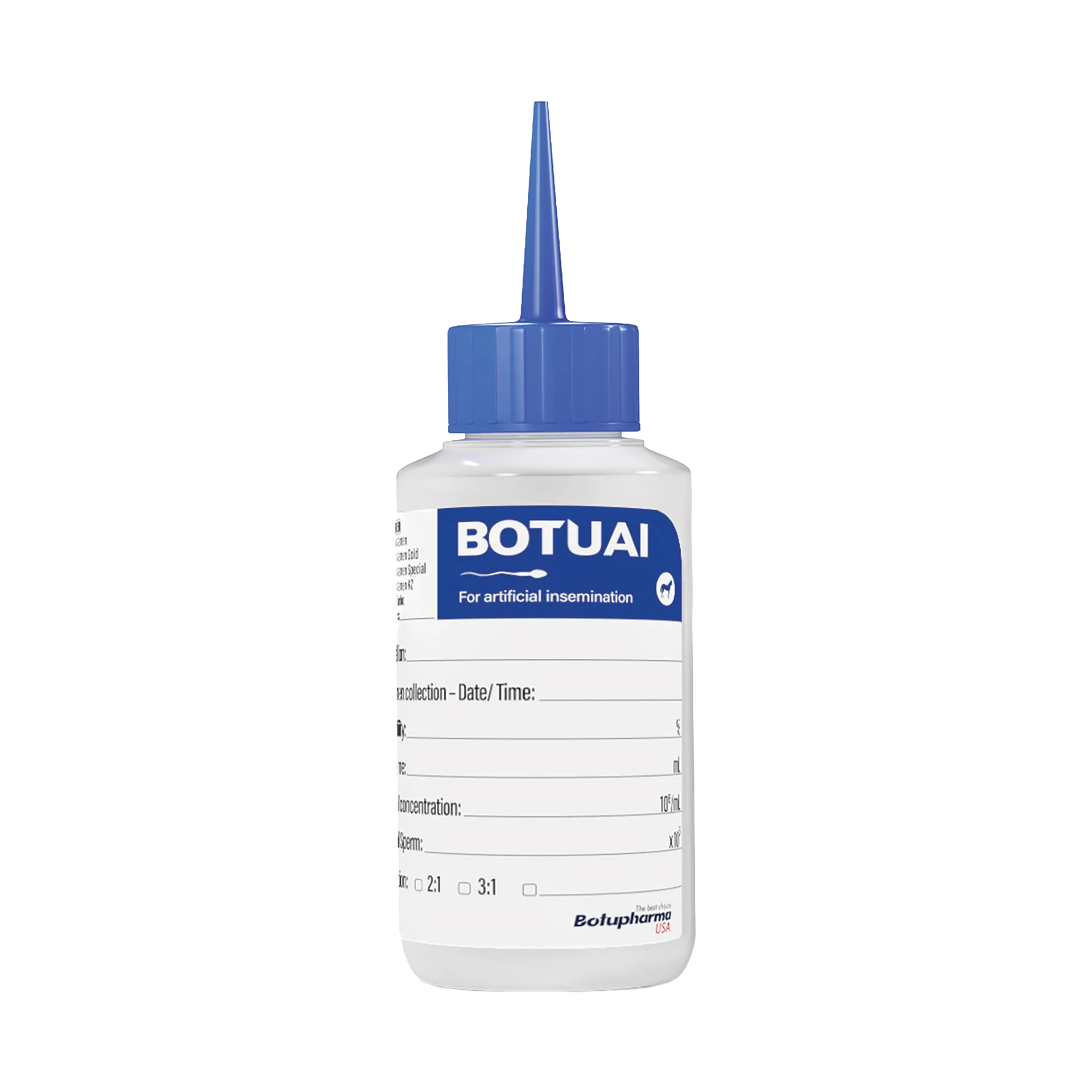BotuAI Semen Bottle ONLY,"White bottle with blue pointed cap and measurement label"