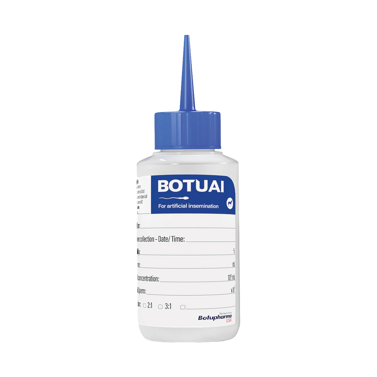 BotuAI Semen Bottle ONLY,"White bottle with blue pointed cap and measurement label"