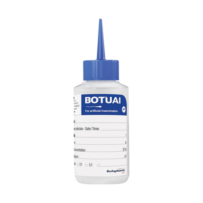 BotuAI Semen Bottle ONLY,"White bottle with blue pointed cap and measurement label"