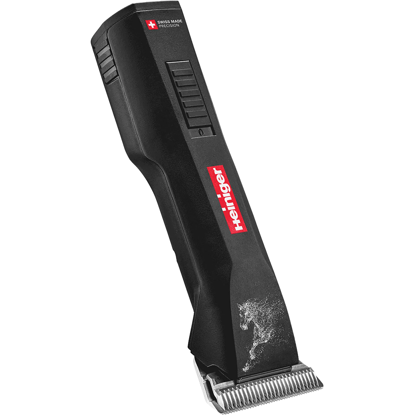 Horse Saphir Cordless Clipper with 2 Batteries and #10WF Blade by Heiniger,"Black cordless clipper with metal blade, angled front view"