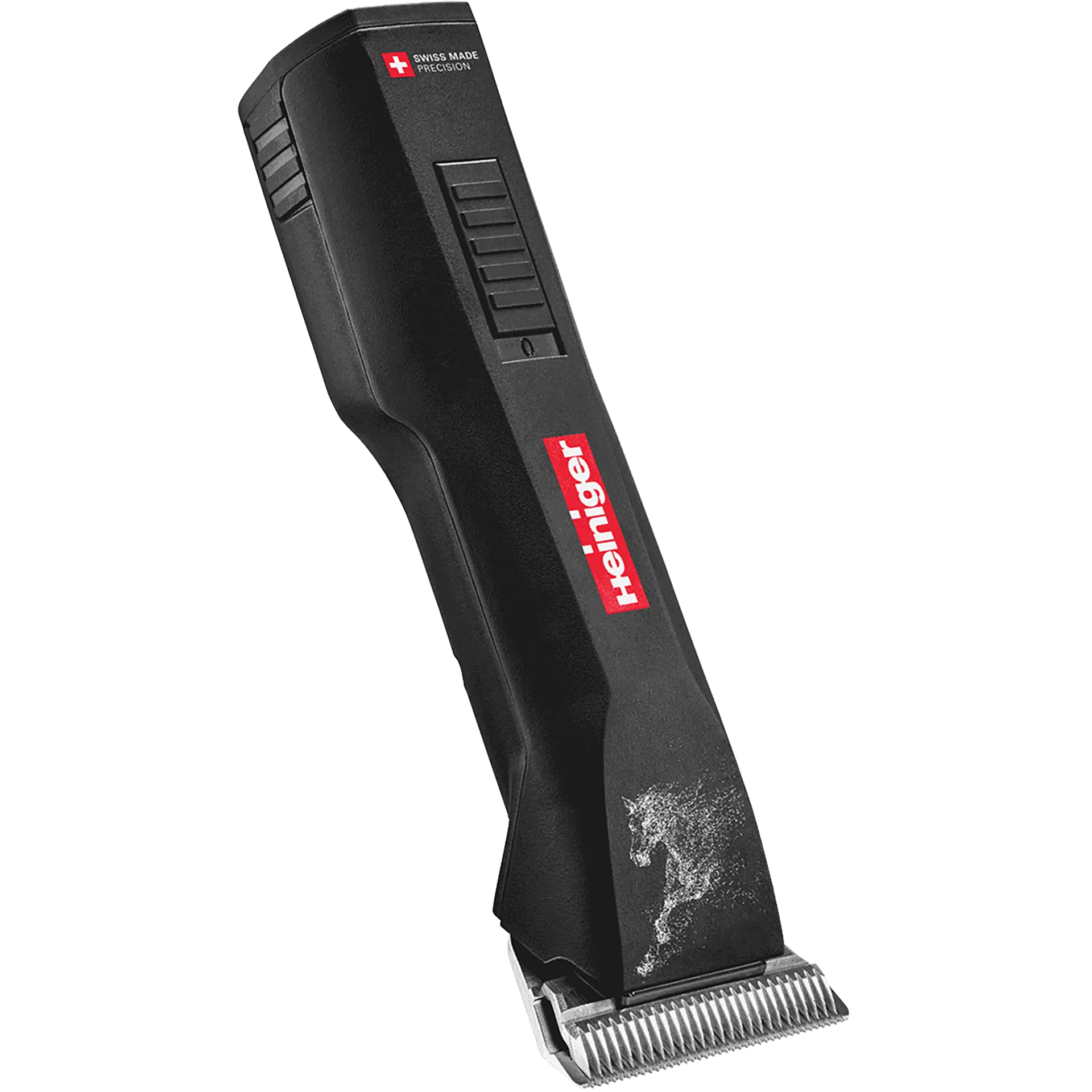 Horse Saphir Cordless Clipper with 2 Batteries and #10WF Blade by Heiniger,"Black cordless clipper with metal blade, angled front view"