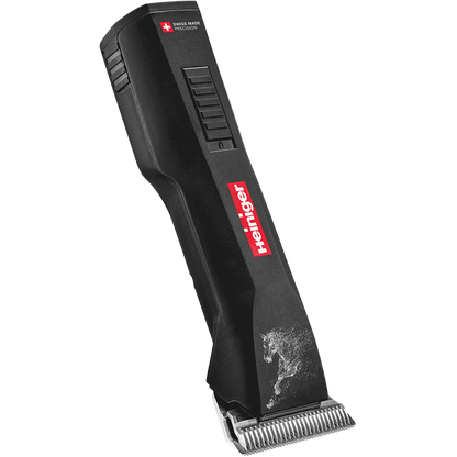 Horse Saphir Cordless Clipper with 2 Batteries and #10WF Blade by Heiniger,"Black cordless clipper with metal blade, angled front view"