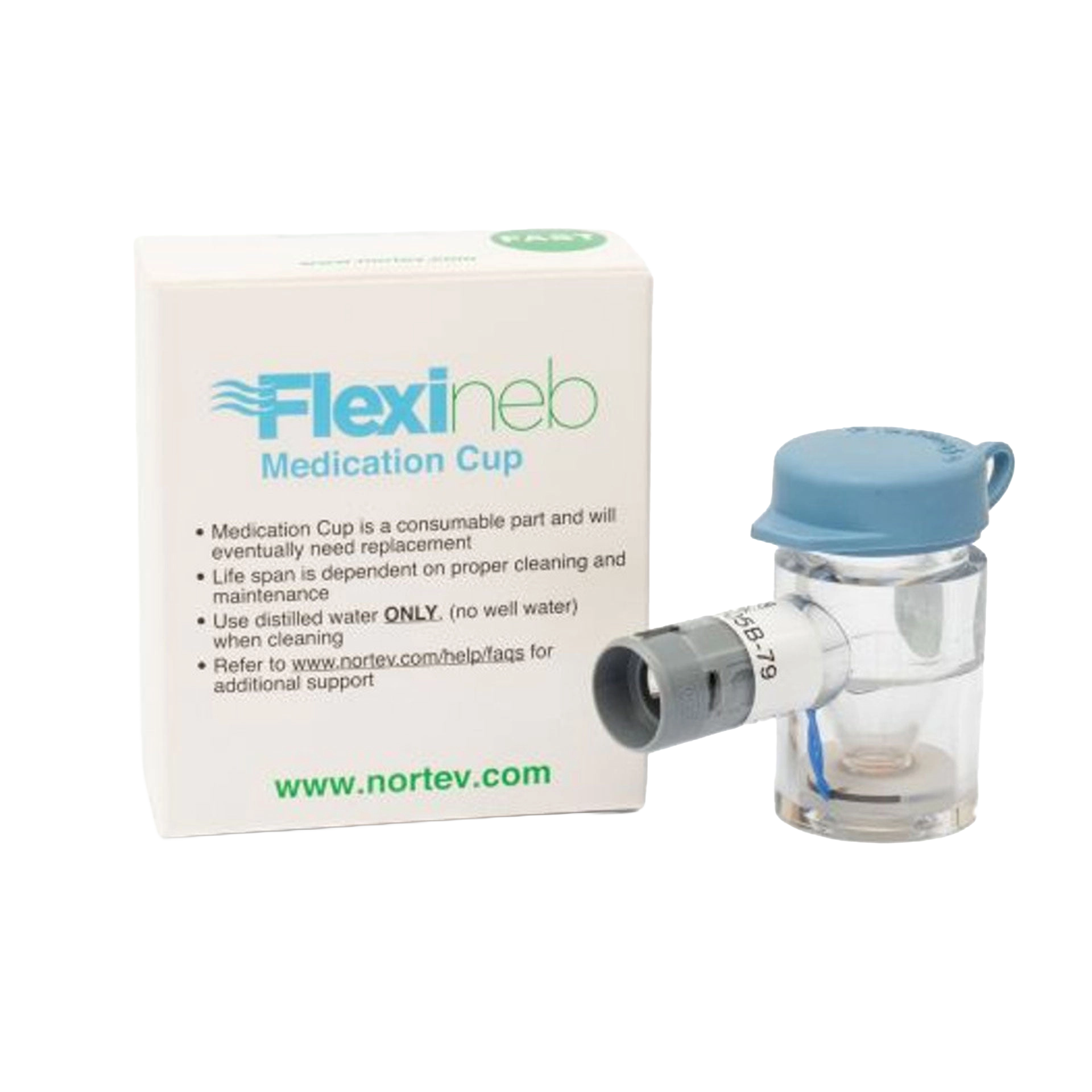 Flexineb® Medium Medication Cup,"Clear medication cup with blue cap beside product box"