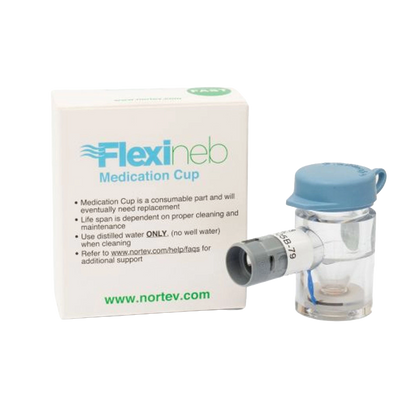 Flexineb® Medium Medication Cup,"Clear medication cup with blue cap beside product box"