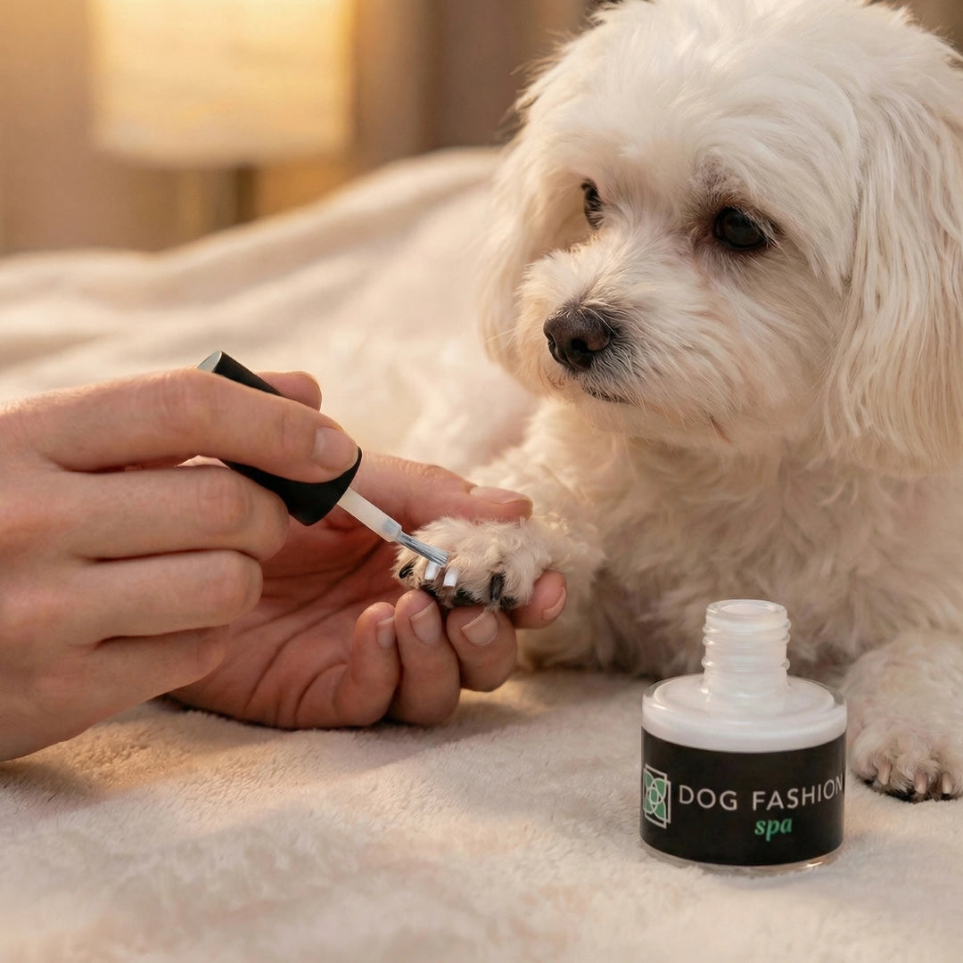 Non-toxic Nail Polish,"White polish being applied to a small dog's paw beside an open bottle"