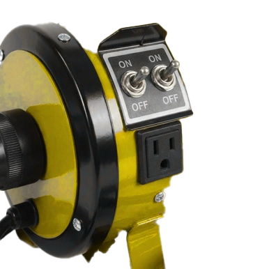 K-9 I Dog Dryer,"Close-up of yellow dryer body with two toggle switches and outlet"