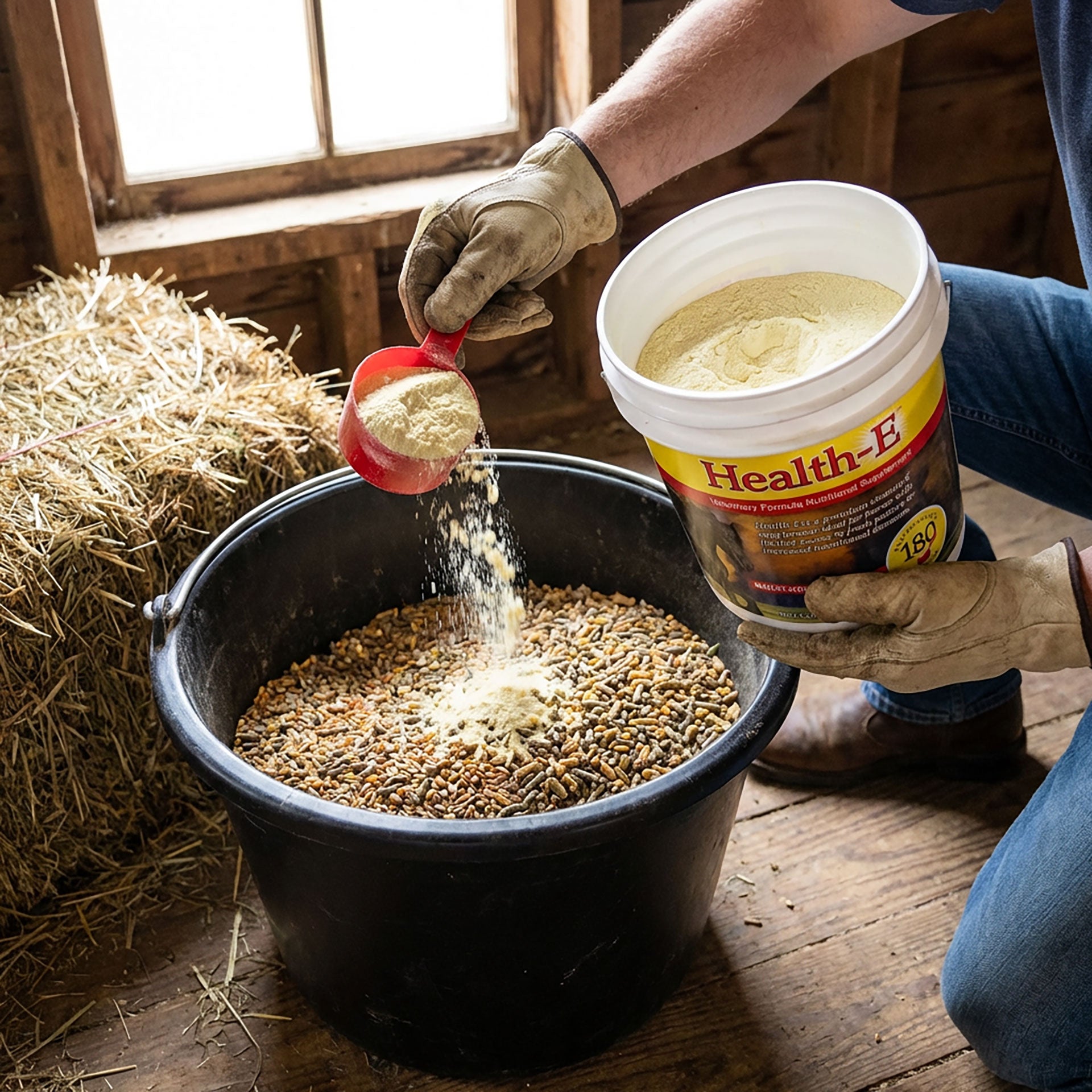 Health E™,"White bucket pouring powder into feed tub with red scoop"