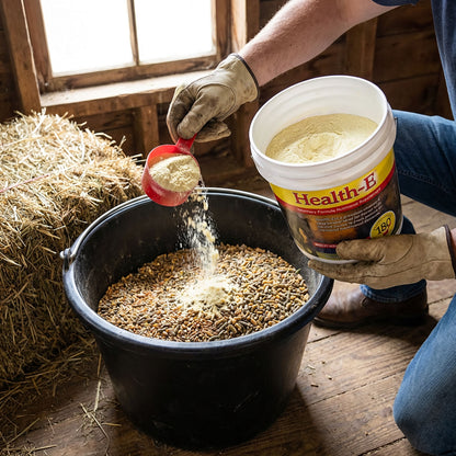 Health E™,"White bucket pouring powder into feed tub with red scoop"