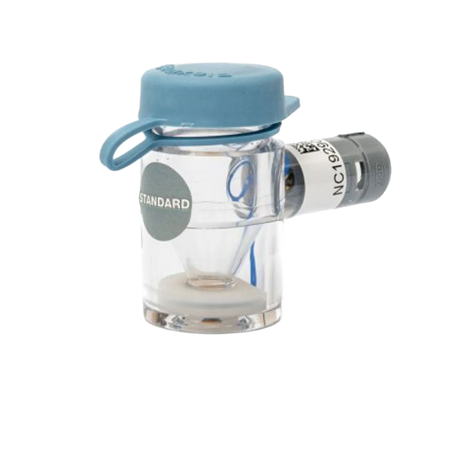 Flexineb® Medium Medication Cup,"Clear medication cup with blue cap and side connector"