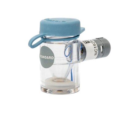 Flexineb® Medium Medication Cup,"Clear medication cup with blue cap and side connector"