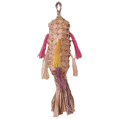 Parrot Pinata,"Woven parrot-shaped piñata with pink, yellow, and beige tassels"