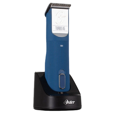 Oster® Cordless Turbo A5® Clipper,"Blue cordless clipper in black charging base"