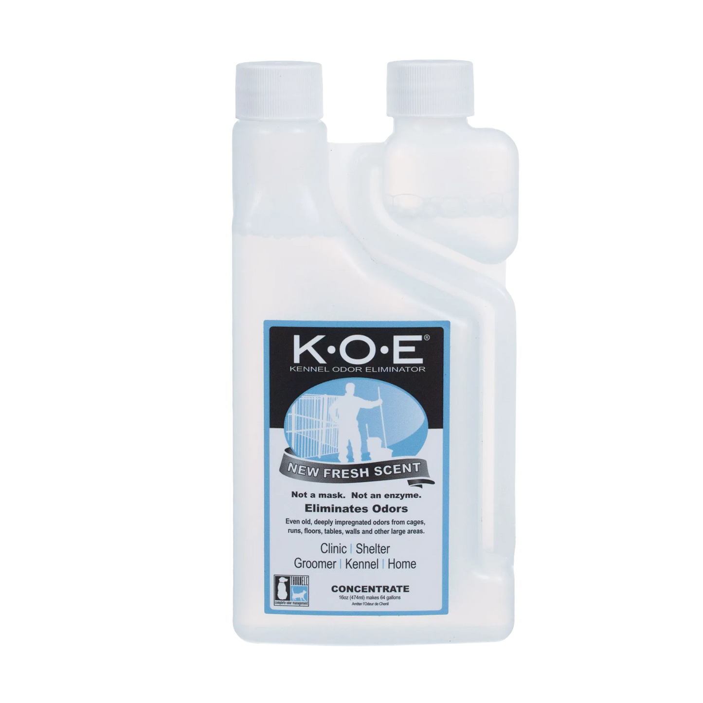 KOE® Kennel Odor Eliminator,"White bottle with dual neck opening and screw caps"
