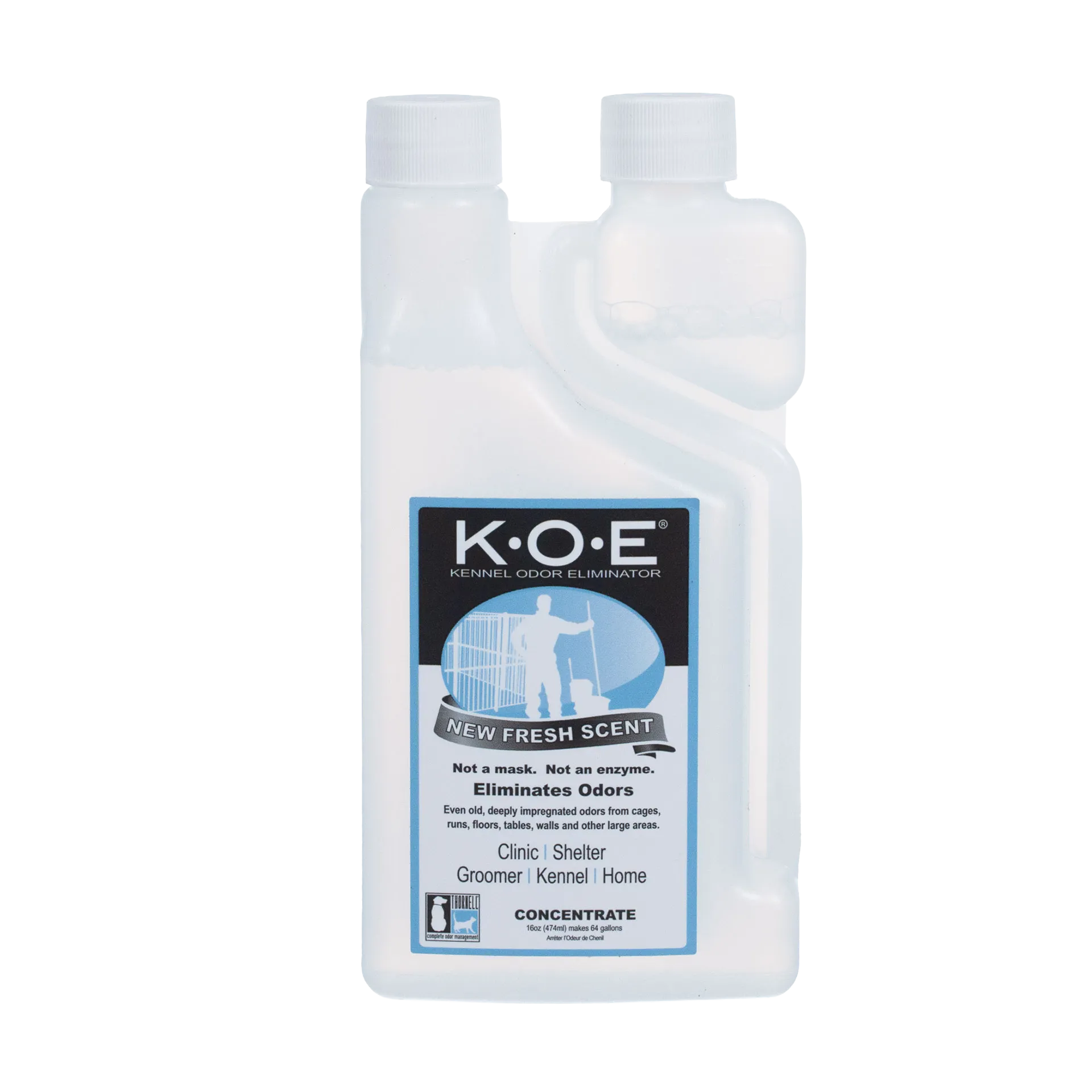 KOE® Kennel Odor Eliminator,"White bottle with dual neck opening and screw caps"