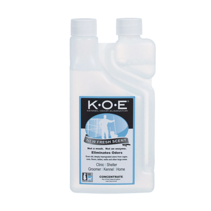 KOE® Kennel Odor Eliminator,"White bottle with dual neck opening and screw caps"