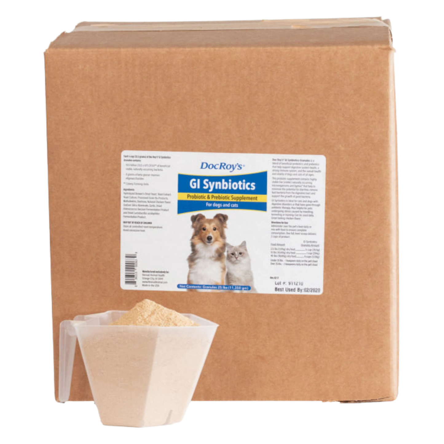 Doc Roy's® GI Synbiotics™,"Brown box with powder-filled measuring scoop"