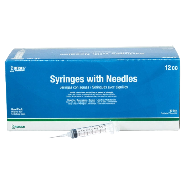 12cc Syringes with 18 gauge Needles,"Blue box with single clear syringe in front"