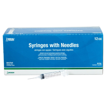 12cc Syringes with 18 gauge Needles,"Blue box with single clear syringe in front"