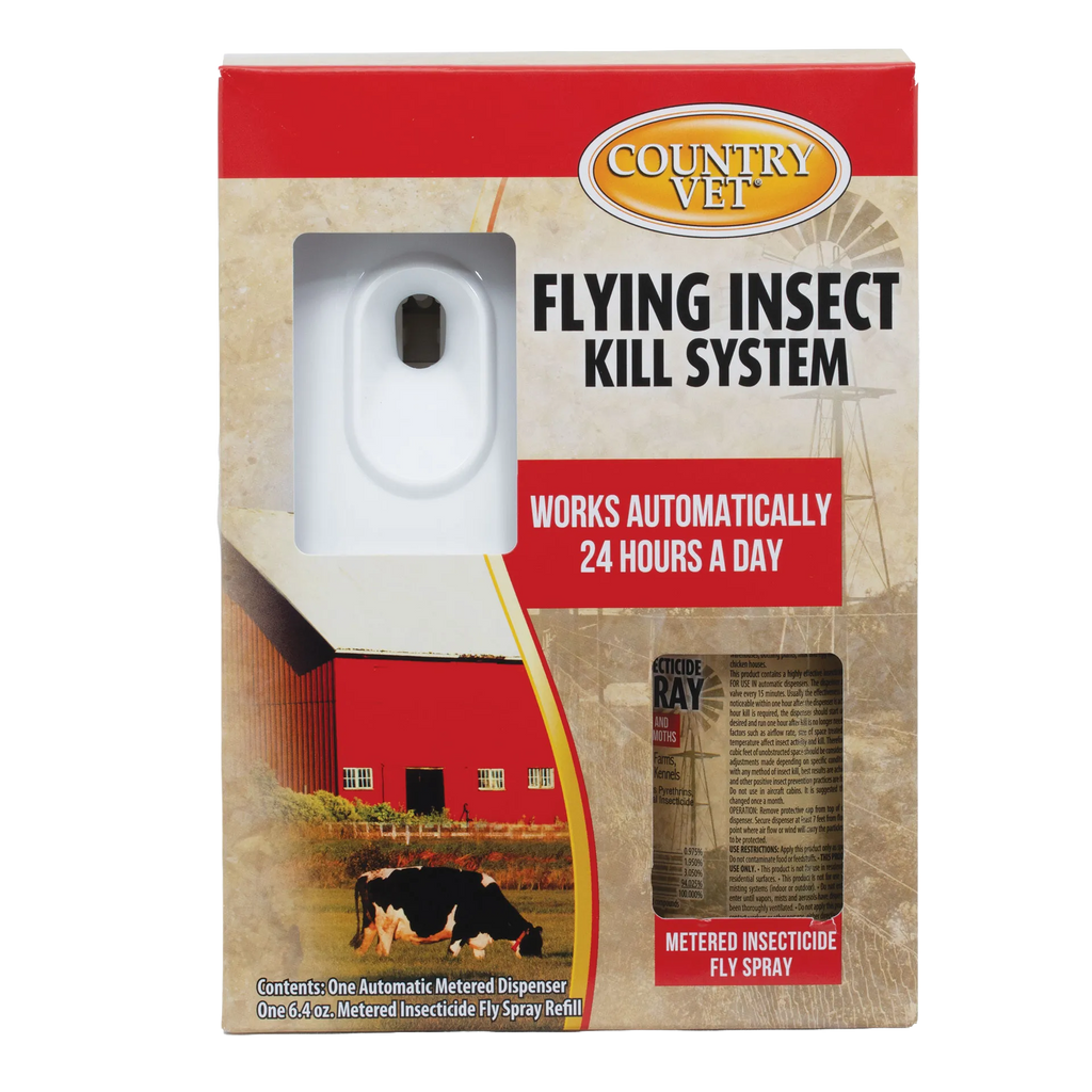 Country Vet Automatic Flying Insect Kill System,"Boxed dispenser with white automatic sprayer and aerosol can"