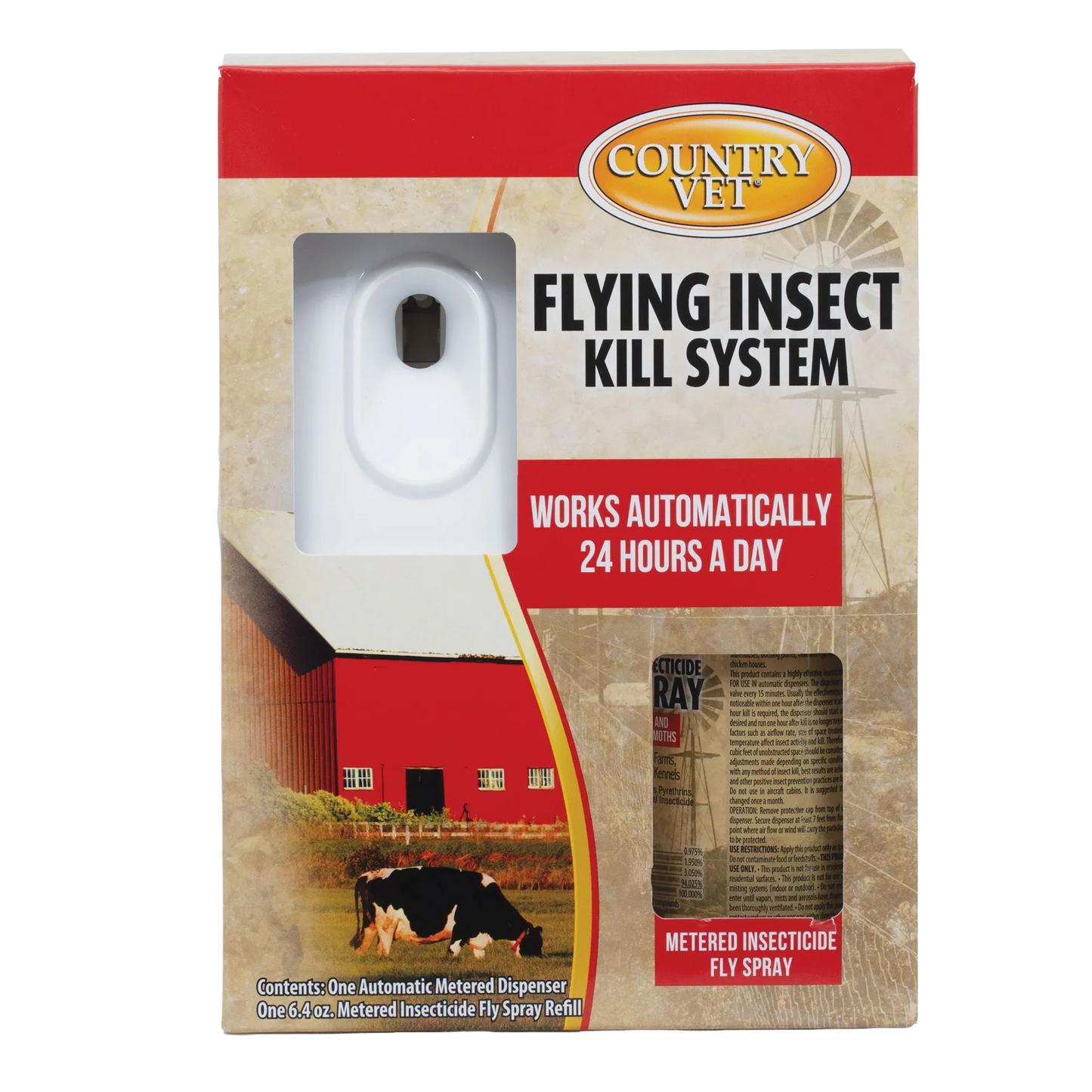 Country Vet Automatic Flying Insect Kill System,"Boxed dispenser with white automatic sprayer and aerosol can"