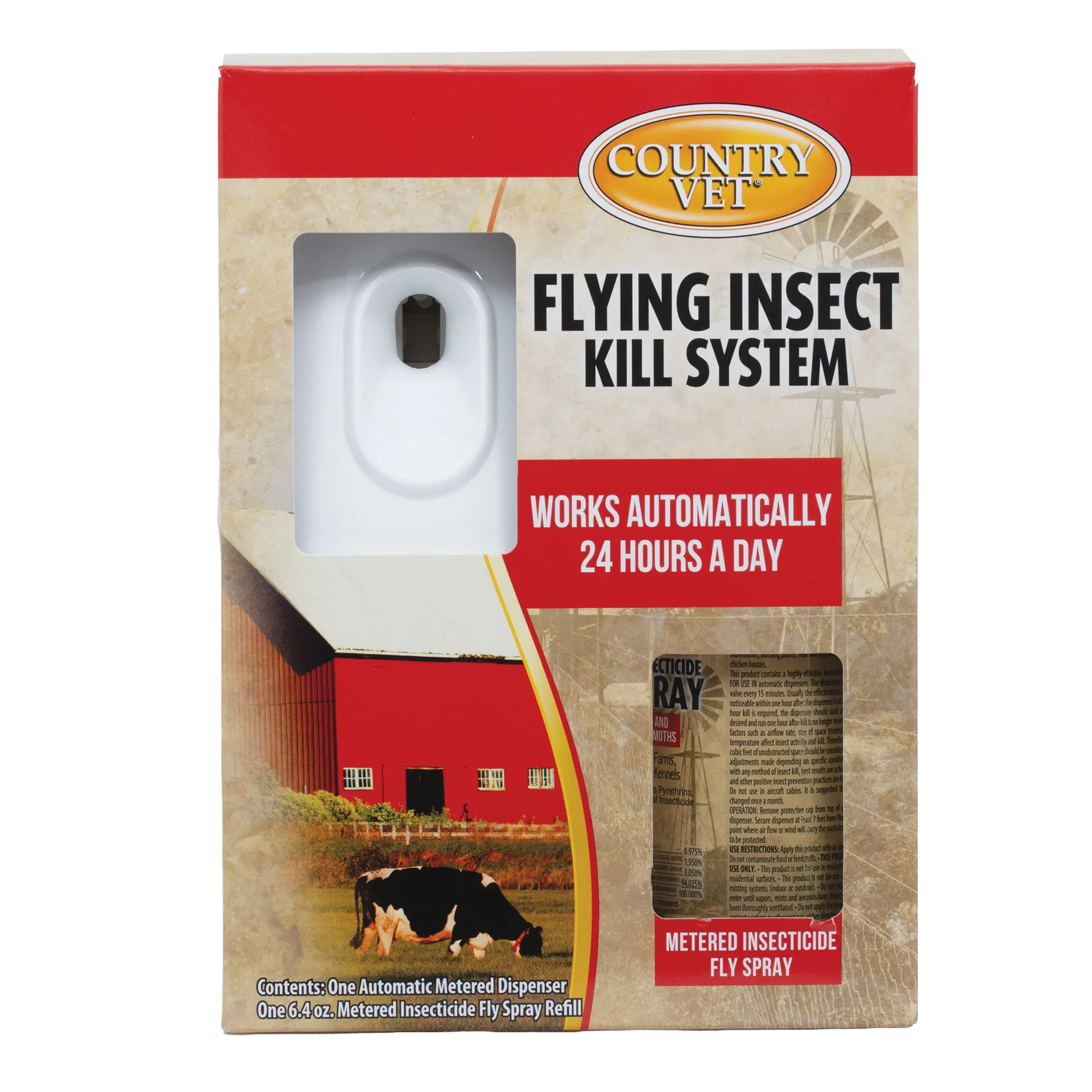 Country Vet Automatic Flying Insect Kill System,"Boxed dispenser with white automatic sprayer and aerosol can"