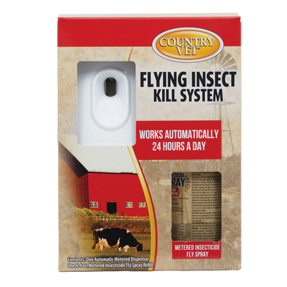 Country Vet Automatic Flying Insect Kill System,"Boxed dispenser with white automatic sprayer and aerosol can"