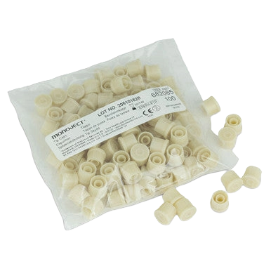 MonoJect™ Luer Tip Caps,"Bag of luer tip caps with several loose caps beside it"