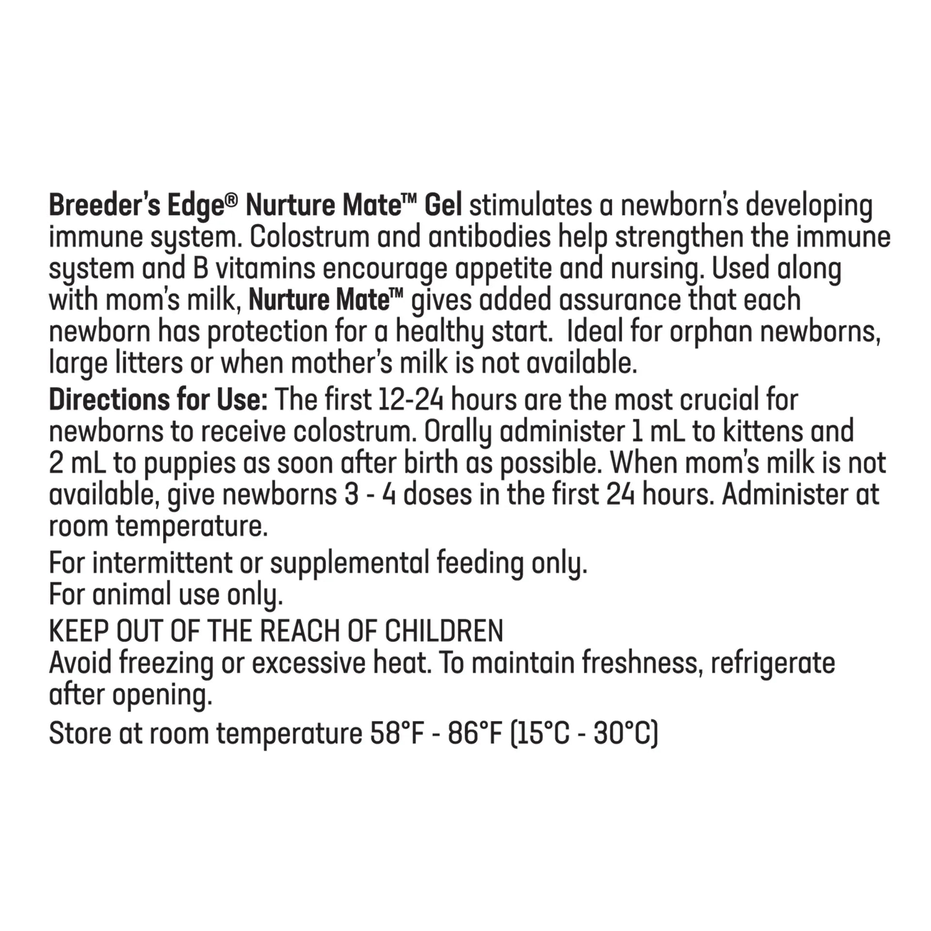 Breeder's Edge® Nurture Mate™ for Puppies & Kittens,"Back label of product packaging with directions and storage information"