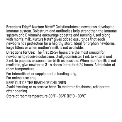 Breeder's Edge® Nurture Mate™ for Puppies & Kittens,"Back label of product packaging with directions and storage information"