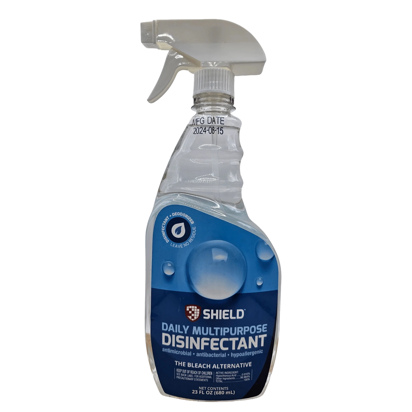 Daily Multipurpose Disinfectant by Shield,"Clear spray bottle with gray trigger and blue front label"