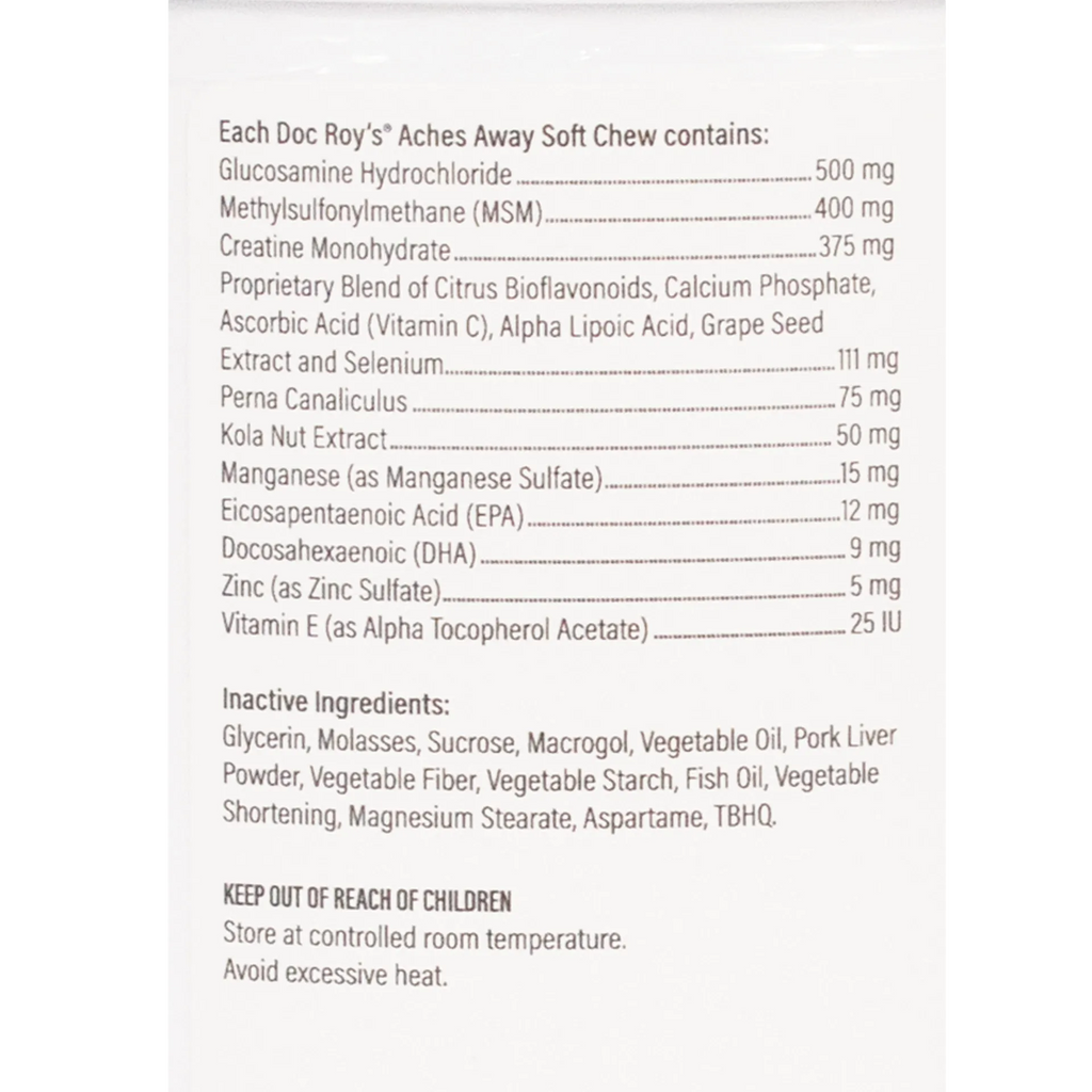 Doc Roy's® Aches Away™,"Close-up of supplement container ingredients label"