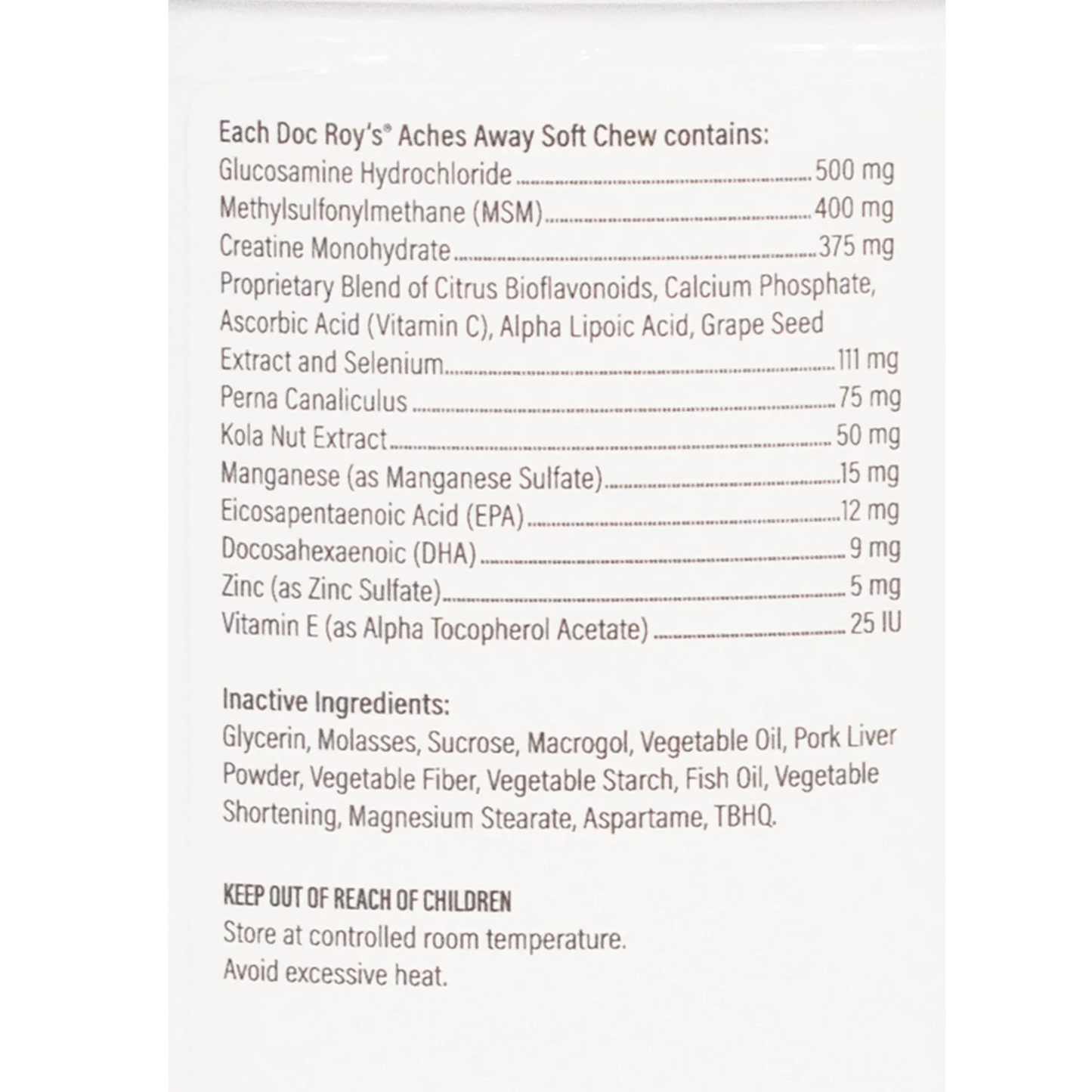 Doc Roy's® Aches Away™,"Close-up of supplement container ingredients label"