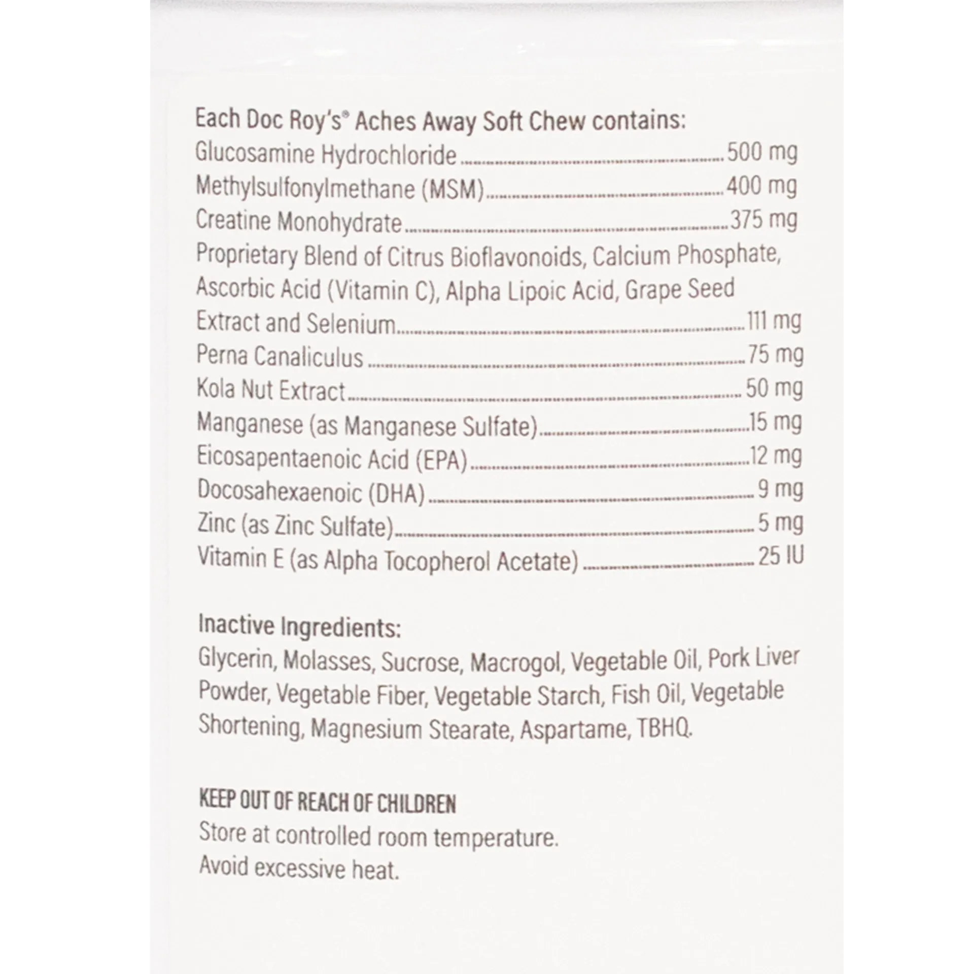 Doc Roy's® Aches Away™,"Close-up of supplement container ingredients label"